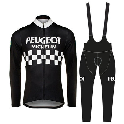 Retro Radsport Outfit Peugeot - Jacke und Lange Hose - Schwarz